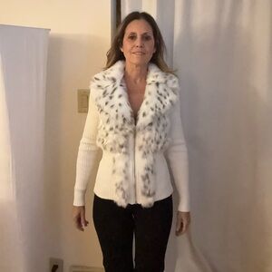 Boston Proper White and Black Faux Fur Teddy Sweater Jacket